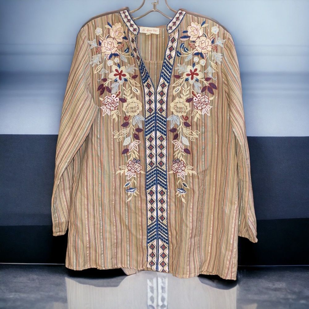 All About Her S Lagenlook Embroidered Floral Tunic Top Art to Wear